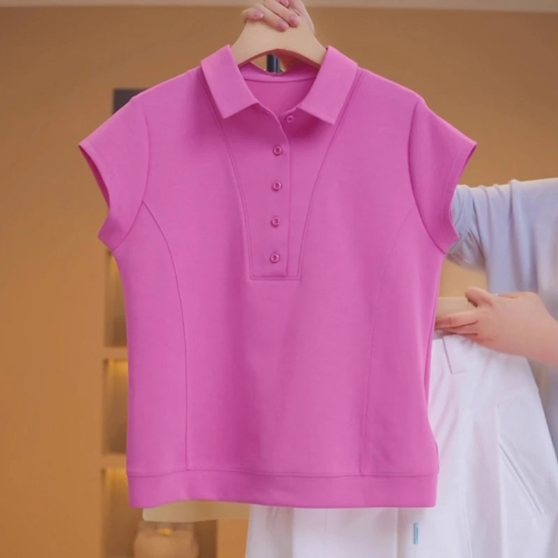 2025夏季新款粉色翻领短袖T恤女时尚减龄宽松显瘦正肩POLO衫