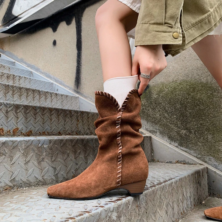 【奢品】法式牛翻皮3.5cm褶皱堆堆短靴显瘦小个子锥形跟中筒西部靴