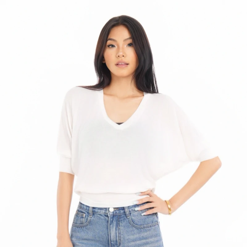 卓婉VANETHUNDER 莱赛尔天丝V领薄款微透慵懒罩衫五分袖上衣