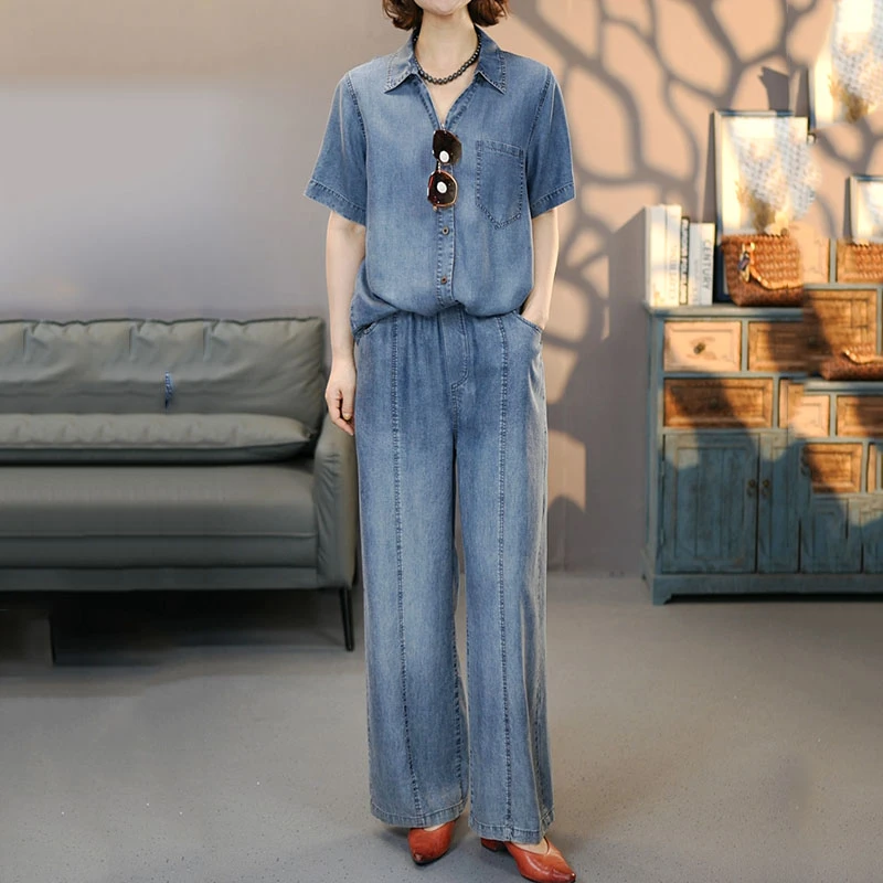 519-6850蓝套装2025夏季新款莱赛尔短袖衬衫裤子百搭上衣九分裤