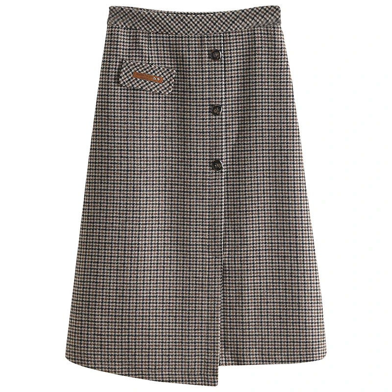 【伍莎-自营】装饰扣高腰显瘦半身裙#QPE48E005