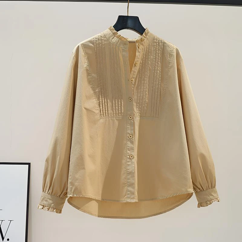 胖MM大码宽松甜美木耳边长袖衬衫上衣女装春秋设计感褶皱衬衣百搭
