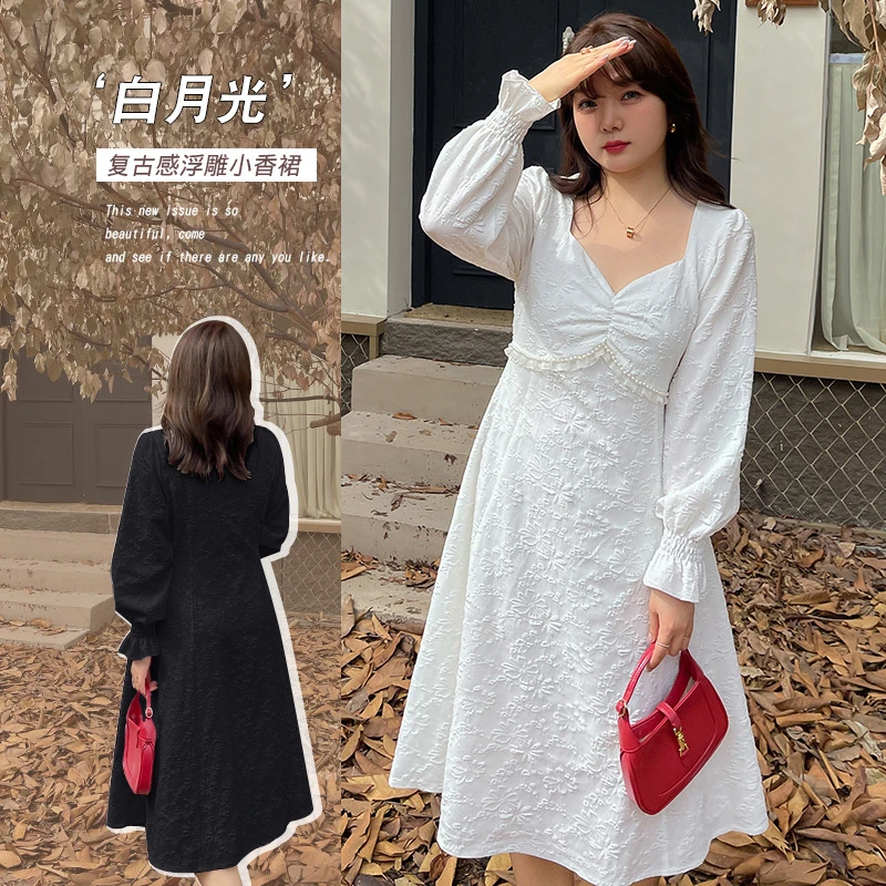 大码春季新款复古领证/订婚白色连衣裙小白裙