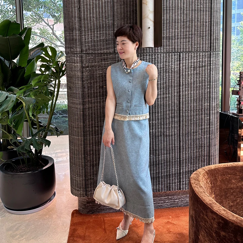 韩系蕾丝拼接马甲包臀裙套装女2025显瘦老钱风洋气衣服女裙子