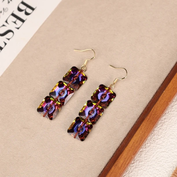 合金耳饰 LZ3394-2橙紫色方形纽扣施华洛琉璃耳环 14mm