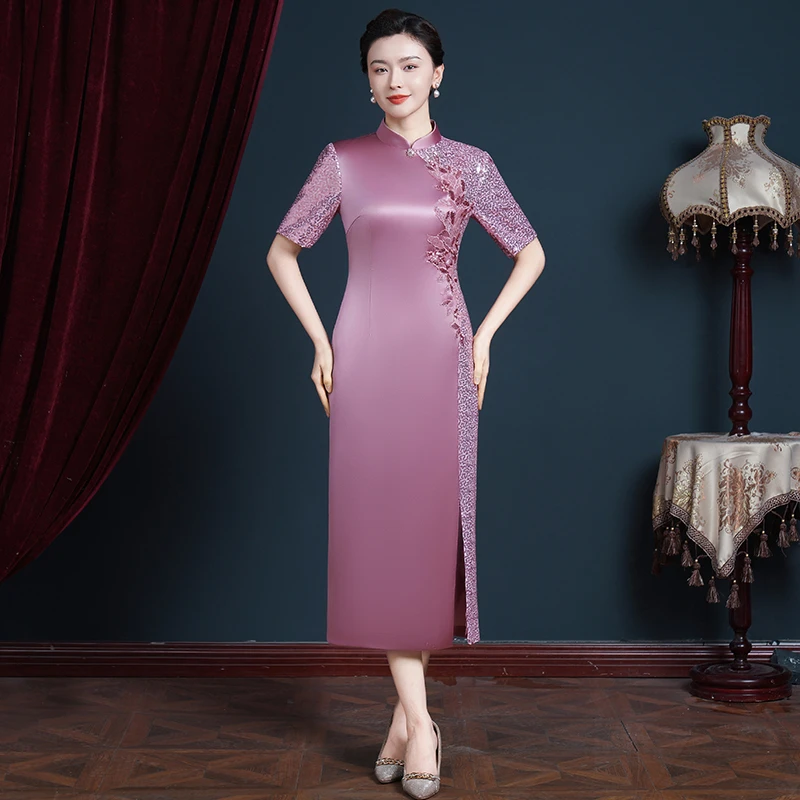 高贵喜婆婆婚宴装改良气质旗袍裙夏装新款年轻妈妈连衣裙平时可穿