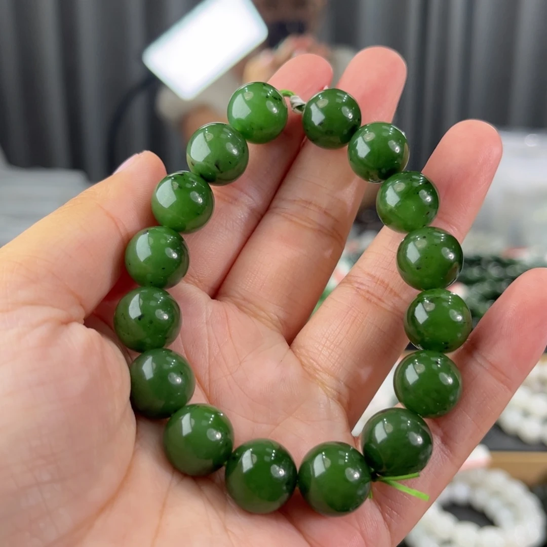 手链未镶嵌和田玉俄料碧玉红皮菠菜绿卡13圆珠