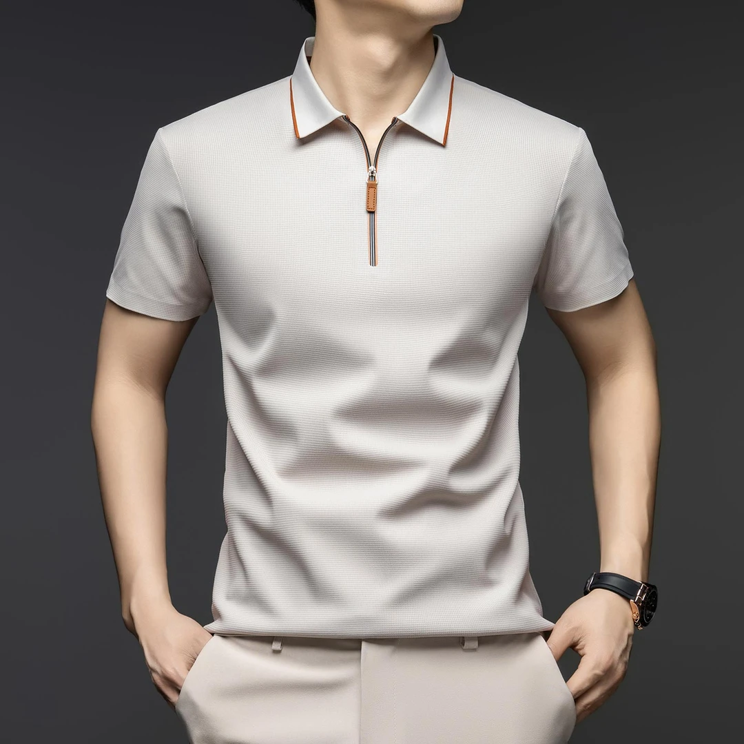 景君澜冰丝华夫格无痕薄款短袖T男半袖夏季撞色拉链翻领休闲polo