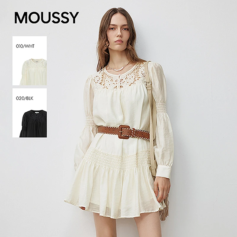 MOUSSY 2025早秋新品甜美镂空褶皱拼接长袖连衣裙女028IAA33-1004