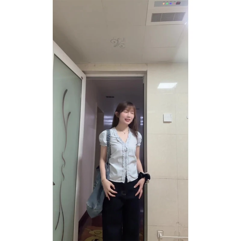 2025新款女士夏季穿搭法式甜美木耳边泡泡袖衬衫宽松百搭阔腿裤