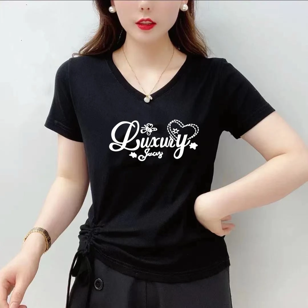 春夏季女士V领短袖T恤修身显瘦正肩洋气百搭上衣时尚