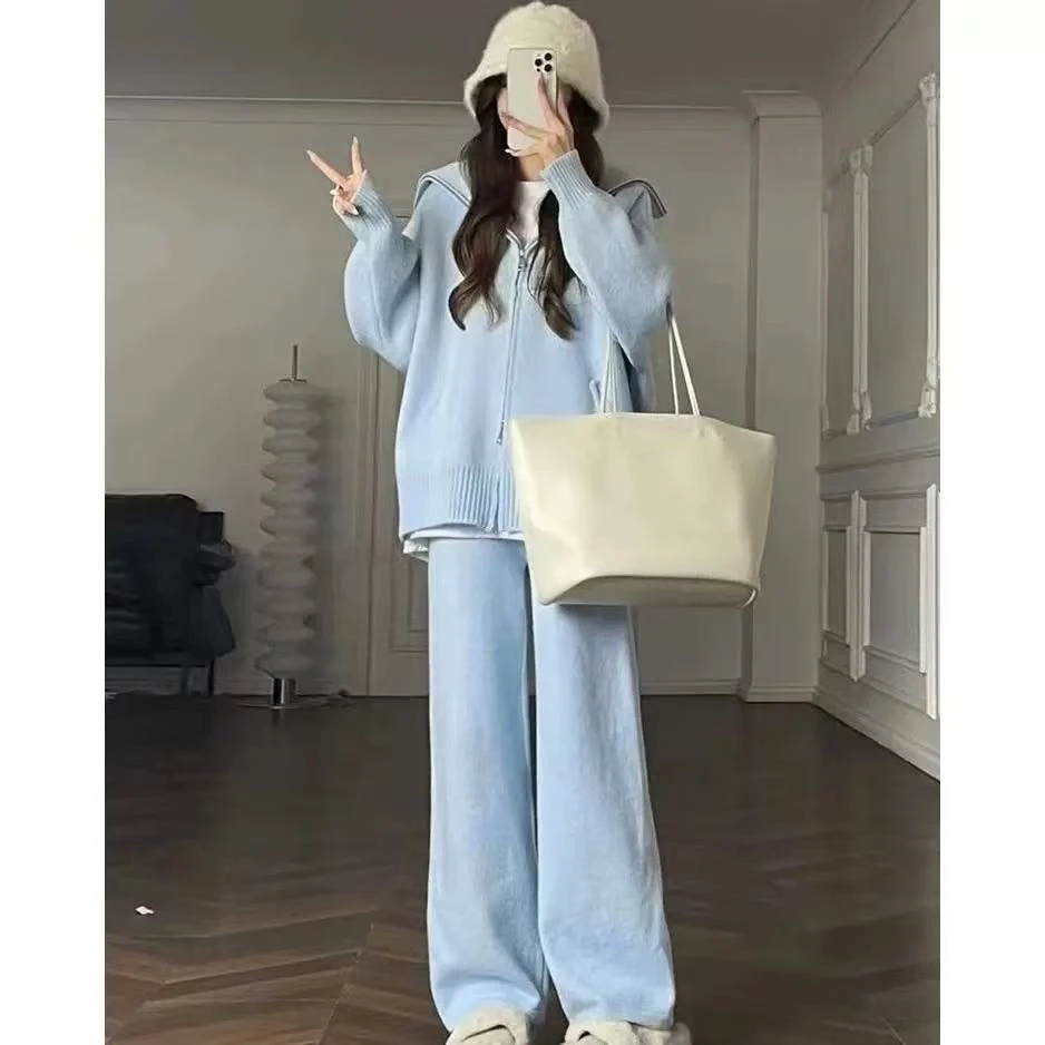 秋冬新款慵懒风时尚百搭款小香风感针织阔腿裤套装休闲宽松