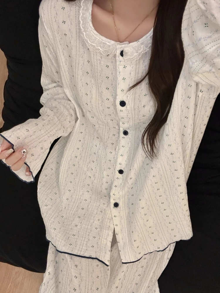 少女甜美碎花睡衣女春秋新款蕾丝花边公主风长袖长裤家居服可外穿