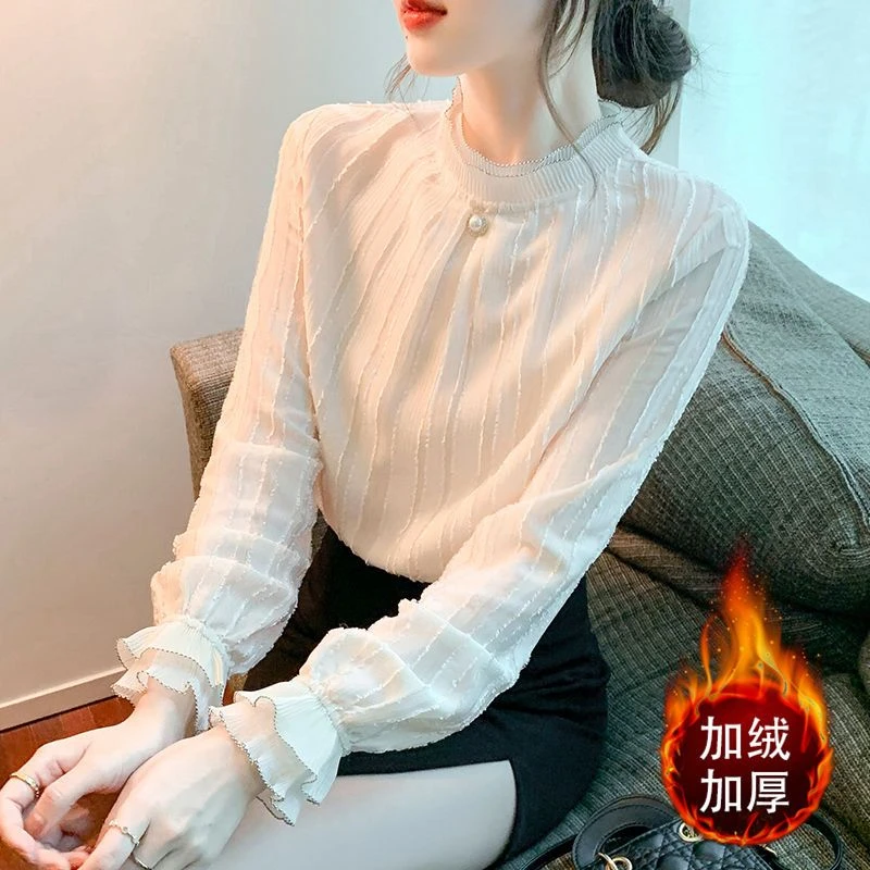 蕾丝打底衫女新款2024秋冬新款内搭上衣小衫高档洋气时尚雪纺衬衫