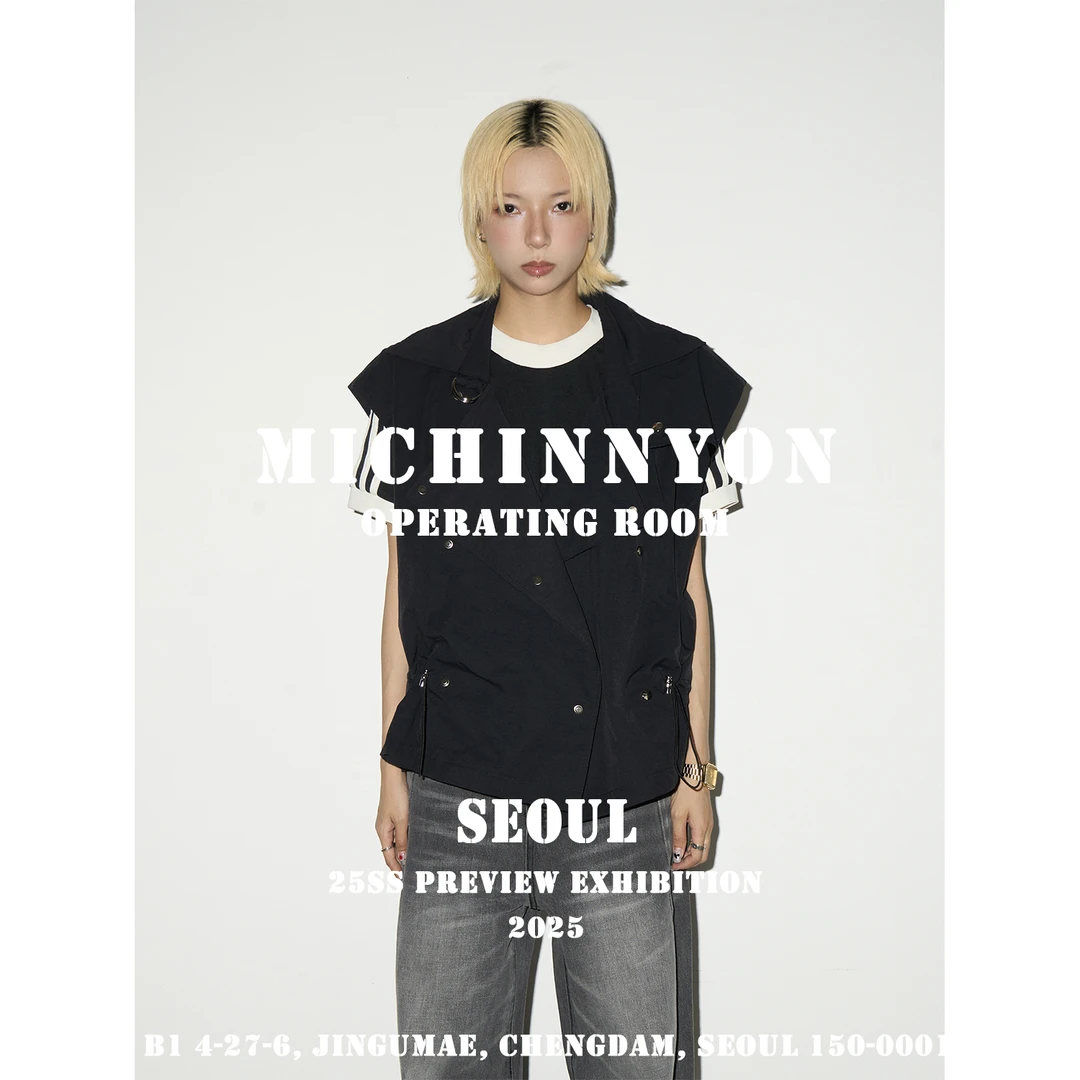 MICHINNYON「大翻领」春夏纯色抽绳设计工装休闲宽松马甲外套男女