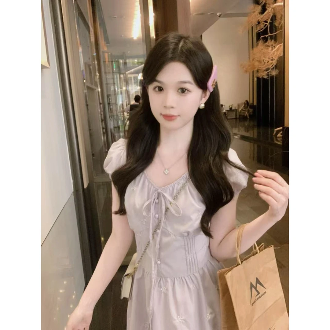 2025安璃 芋泥波波~温柔显白芋泥紫连衣裙蝴蝶结绣花系带V领口袋