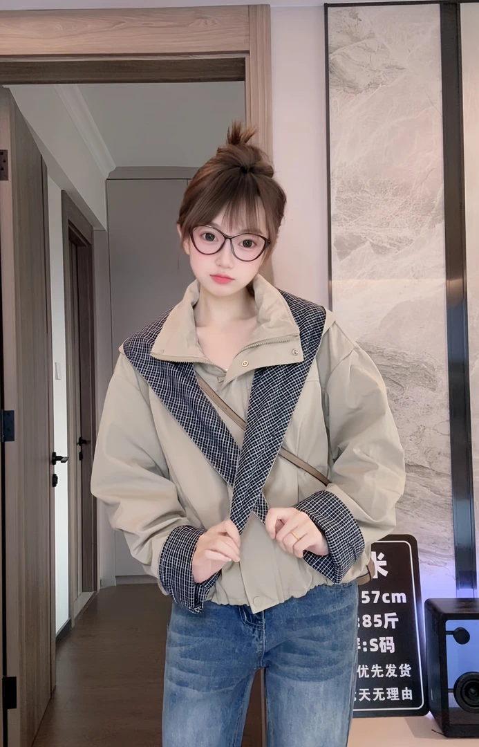 2569-M韩版宽松格子拼接披肩可拆卸帽秋季最新宽松小个子百搭时尚