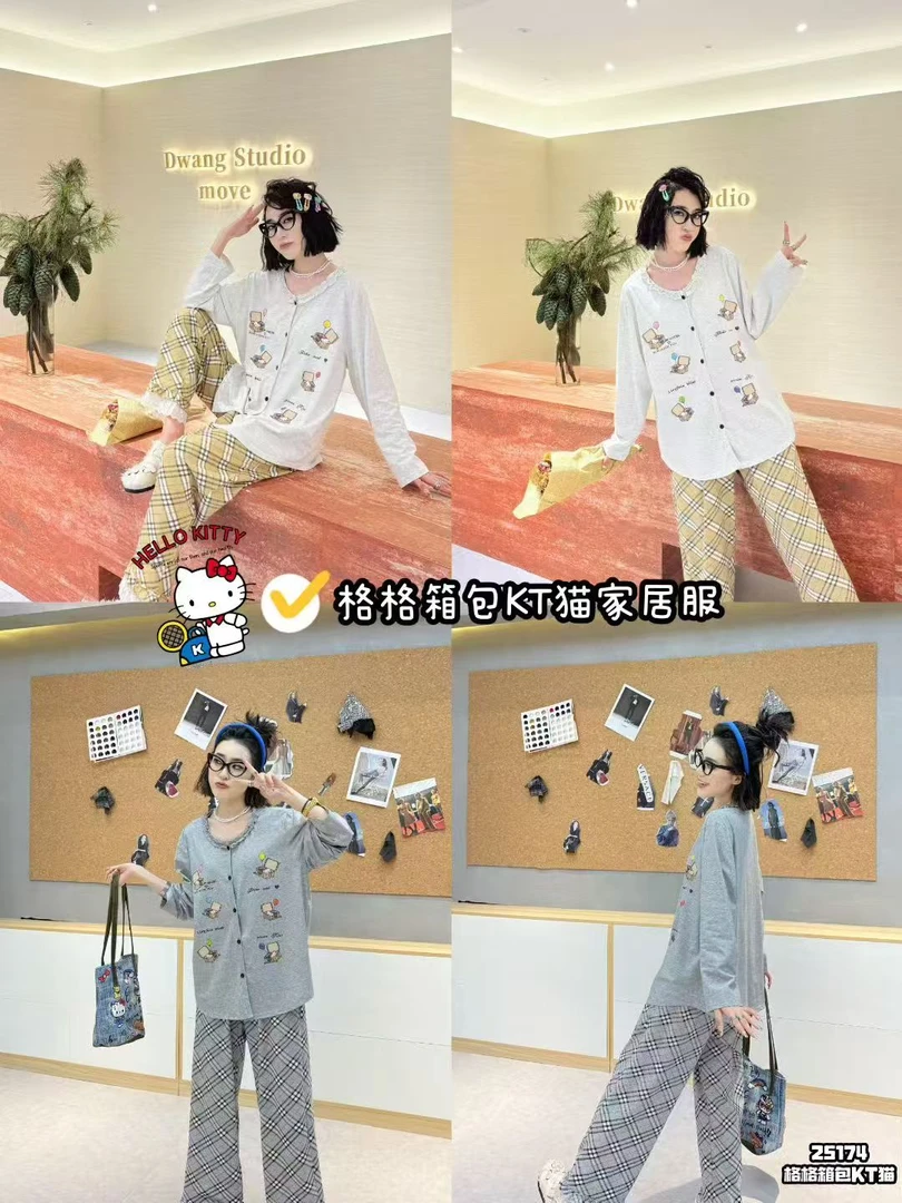 【格格箱包KT猫】秋季新款格子kt猫开衫长袖长裤家居服套装25174