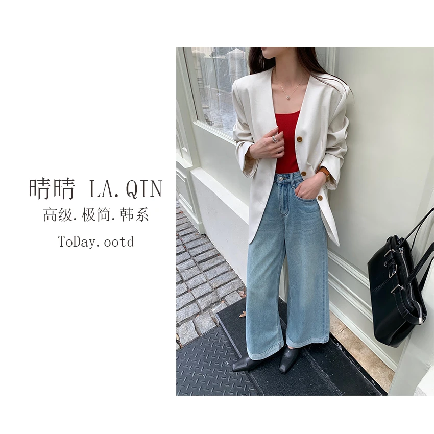 晴晴家-【渣渣灰】韩系潮流通勤复古裤脚撞色阔腿牛仔裤6601