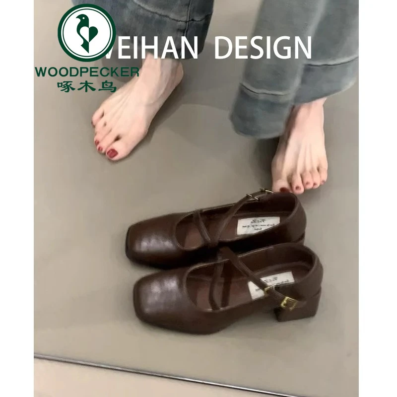 啄木鸟粗跟方头玛丽珍小皮鞋女英伦春秋单鞋女气质法式复古高跟鞋