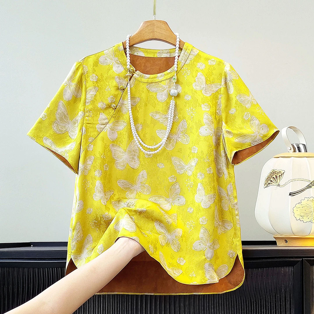 改良盘扣新中式衬衫女夏季新款短袖T恤休闲圆领复古提花国风上衣