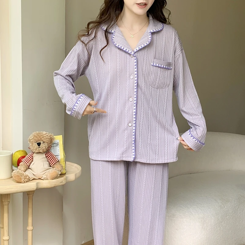 提花棉睡衣女士2025年春秋季新款甜美休闲家居服翻领长袖两件套装