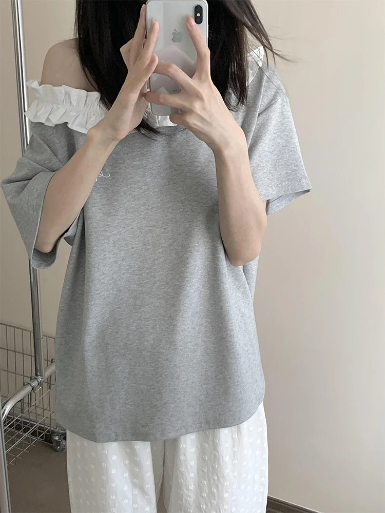 灰色斜肩短袖女夏季新款花边拼接露肩t恤设计感宽松显瘦韩系上衣