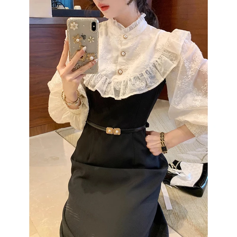 米兰往事 复古miu系千金感连衣裙蕾丝花边领收腰赫本裙秋