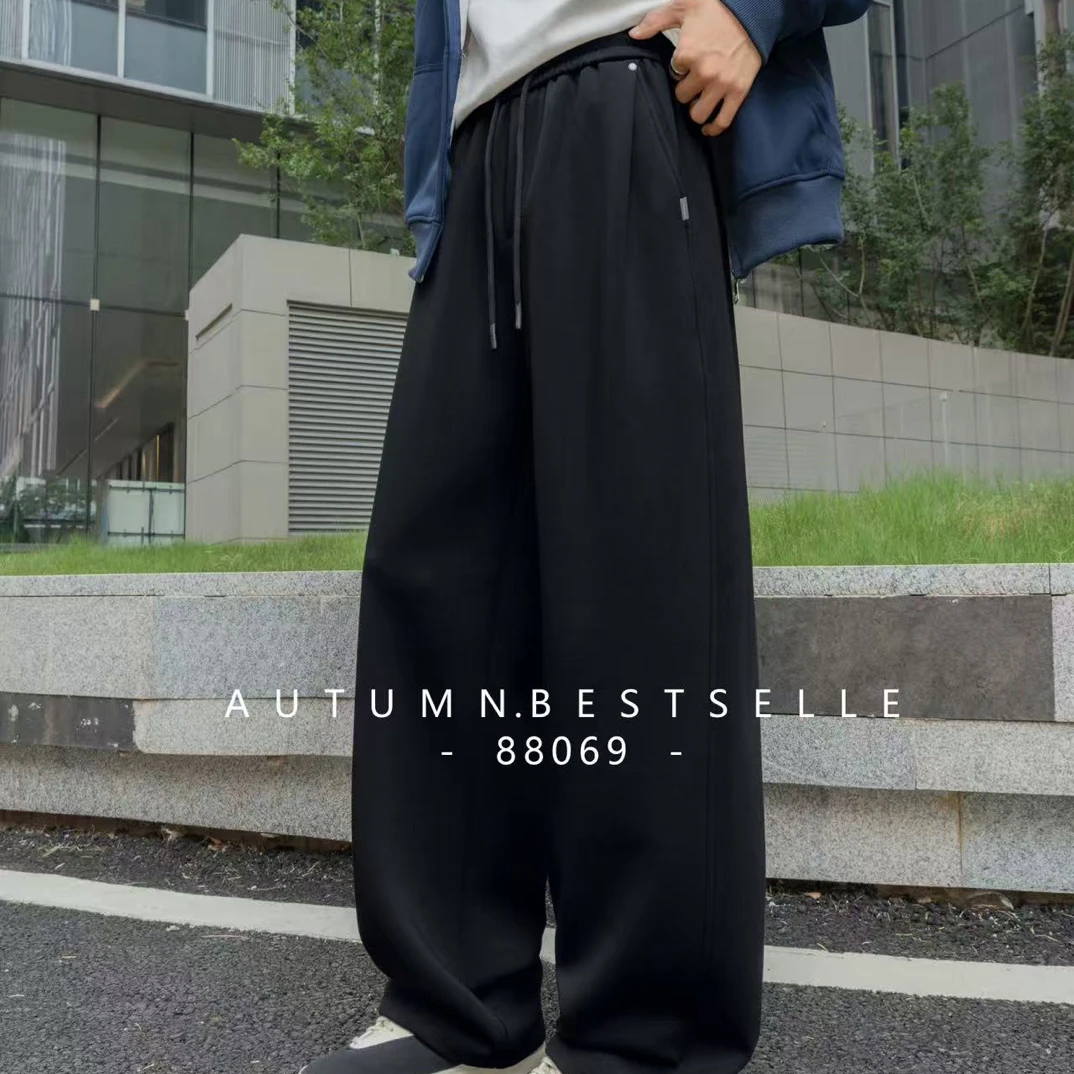 88069卫裤男秋冬加绒加厚潮牌宽松直筒抽绳休闲运动阔腿长裤子