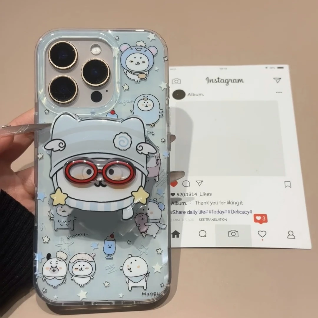 卡通冬日自嘲熊支架适用苹果16Promax手机壳vivo华为oppo小米防摔