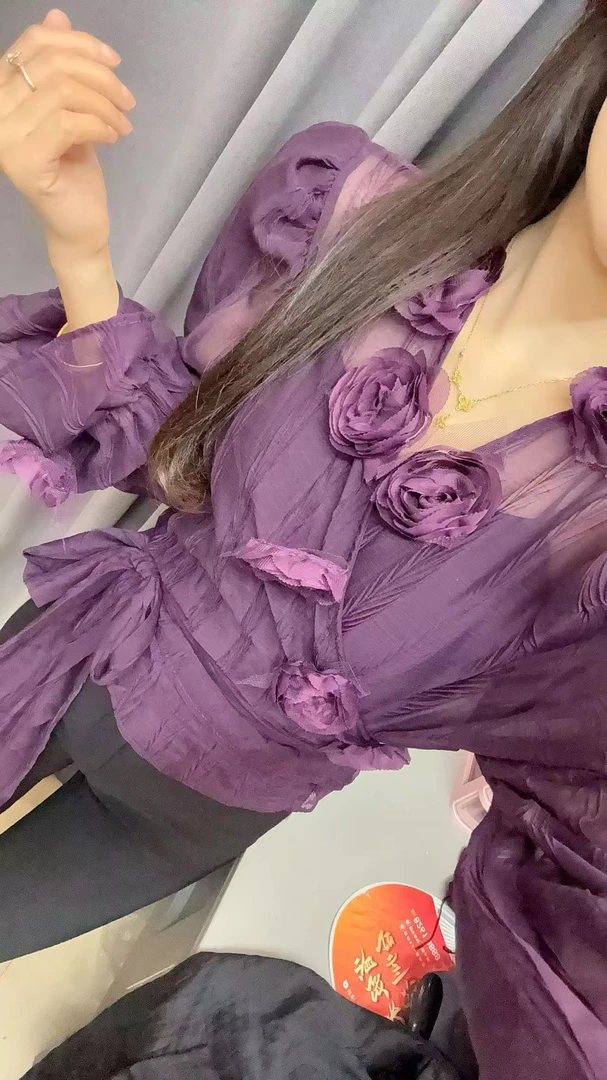 【K】V领系带衬衫立体花朵收腰上衣