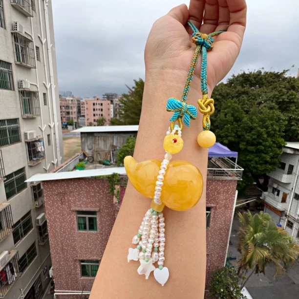 俄料天然琥珀蜜蜡葫芦项链时尚百搭手工编绳复古可爱