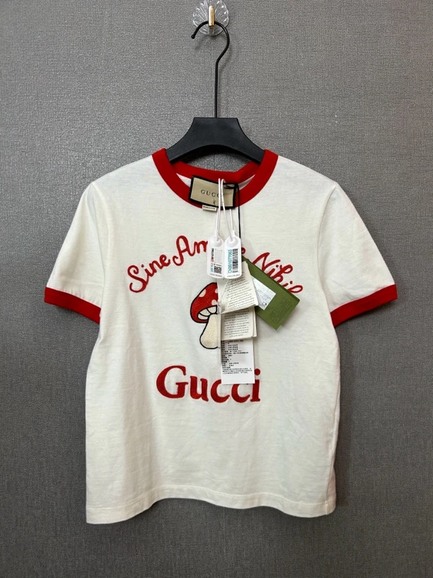99新 GUCCI/古驰 白色红边蘑菇半袖T恤
