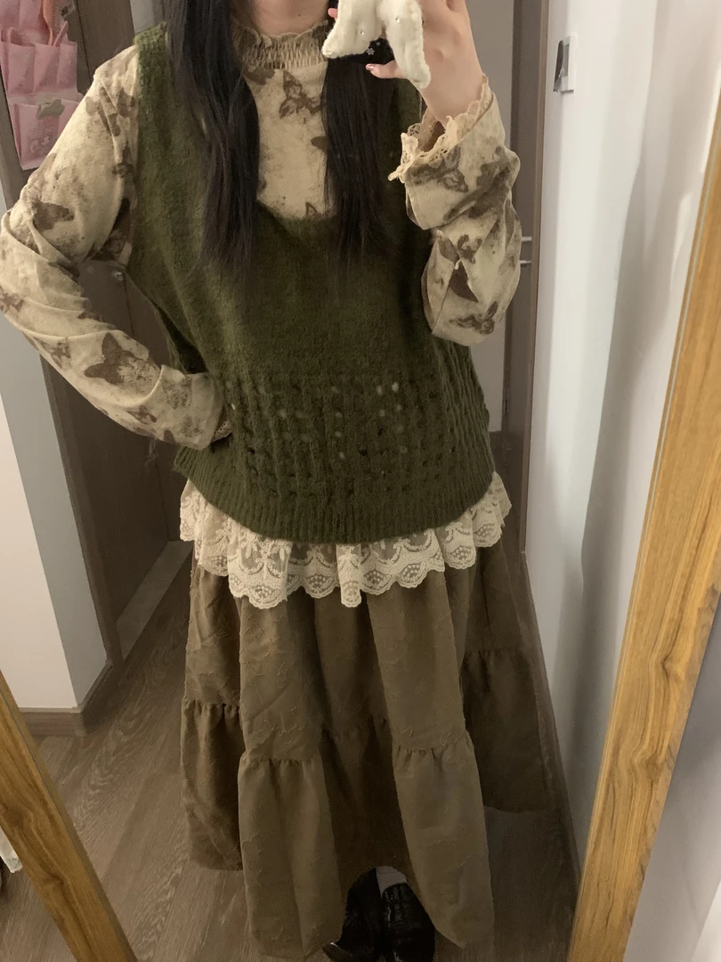 大码女装胖mm秋季新款韩系宽松显瘦百搭针织马甲背心+打底衫套装