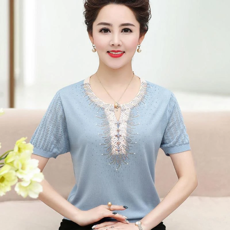 FAVMARTHA洋气妈妈装夏装冰丝短袖t恤中年妇女40-50岁套装中老年