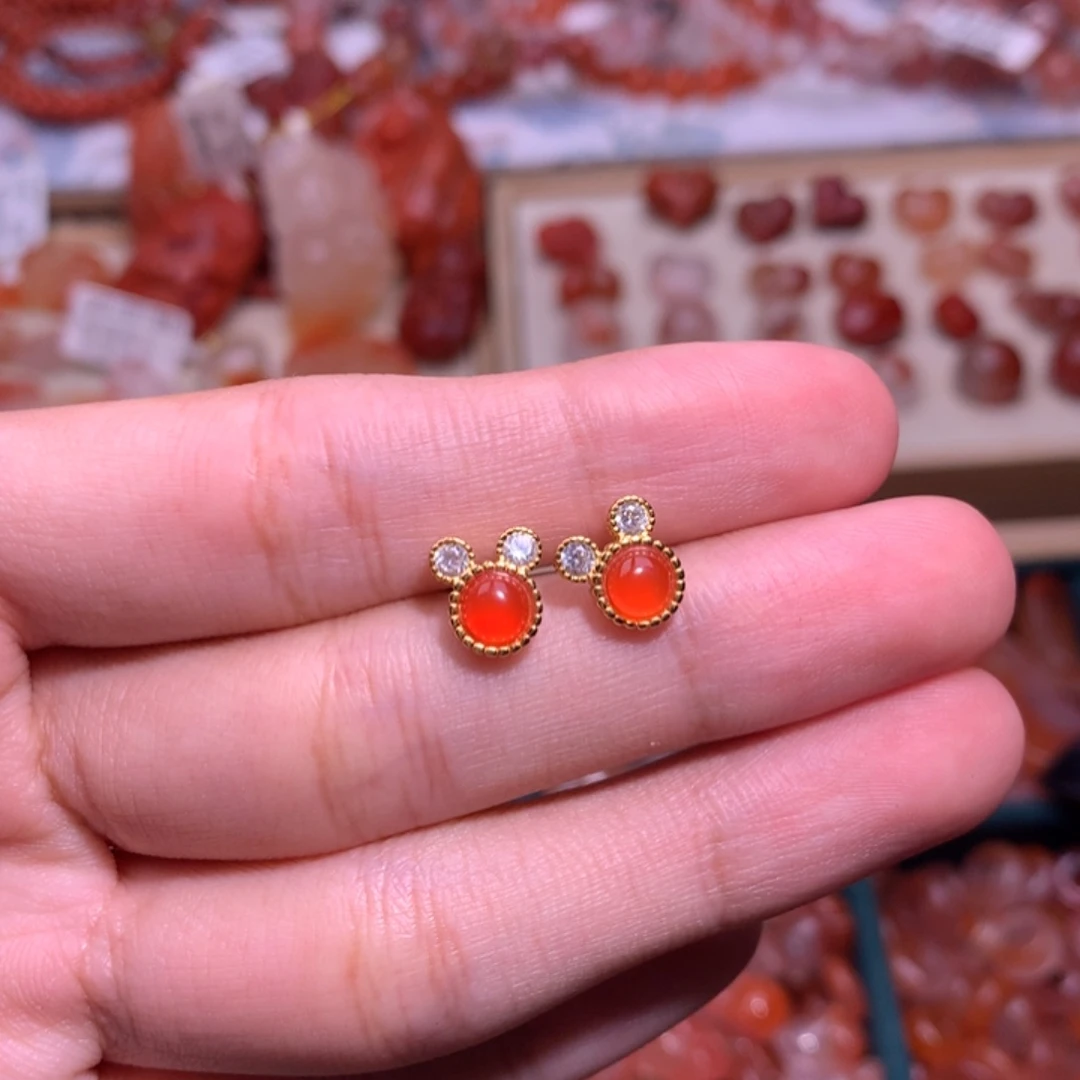 南红玛瑙未镶嵌珠宝半成品米奇耳钉