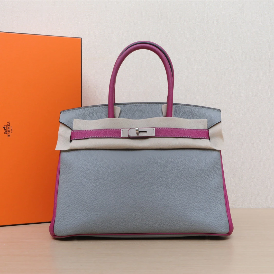 99新 Hermes/爱马仕 大头专场Birkin 30 玫瑰紫拼海鸥灰 C刻 银扣