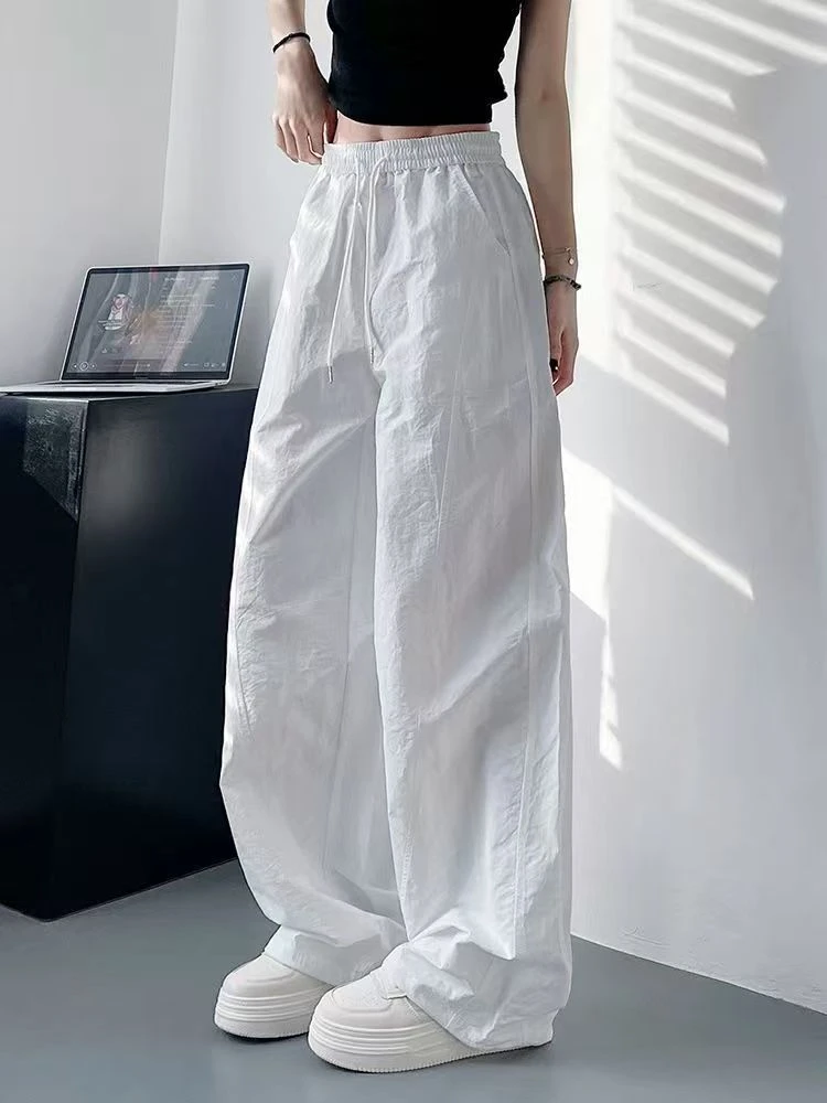 白色速干裤女夏季薄款显瘦遮肉阔腿裤胖mm梨形身材高腰运动工装裤