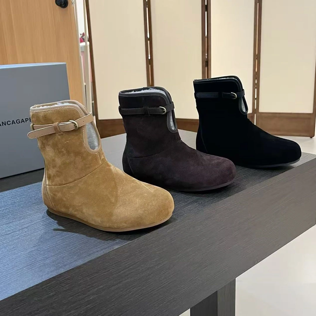 芒果头两穿雪地靴真皮大头马丁靴女磨砂皮加绒保暖短靴平底雪地靴