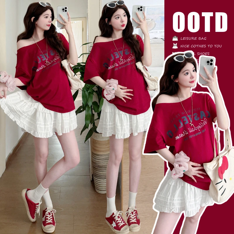 2025年试试美式复古斜肩短袖印花T恤+孕妇半身裙两件套孕妇装裙子