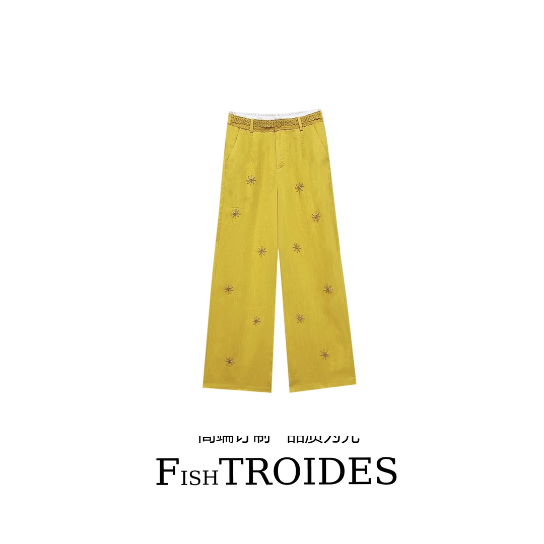 2025夏款天丝亚麻重工钉钻中高腰百搭时尚休闲绣花直筒裤GM0008-1