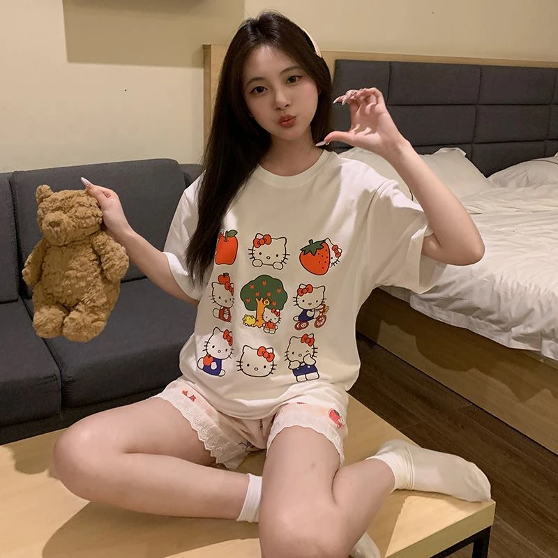 夏天睡衣卡通纯棉圆领泡泡棉裤两件套睡衣女卡通甜美家居春夏新款