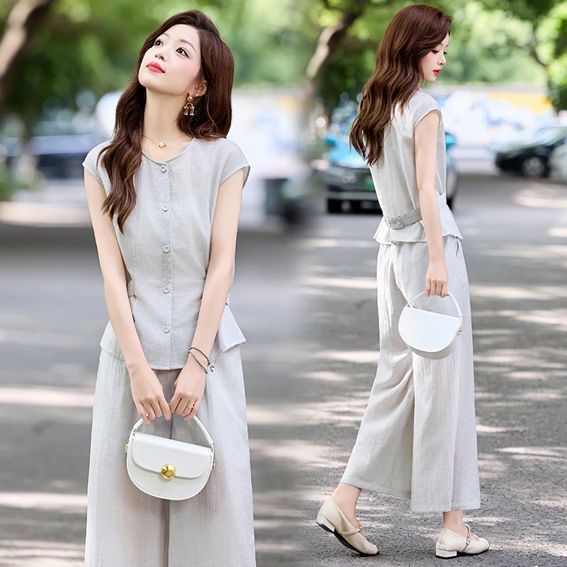 套装女2025年夏季松弛感穿搭一整套高级感时尚小衫阔腿裤两件套