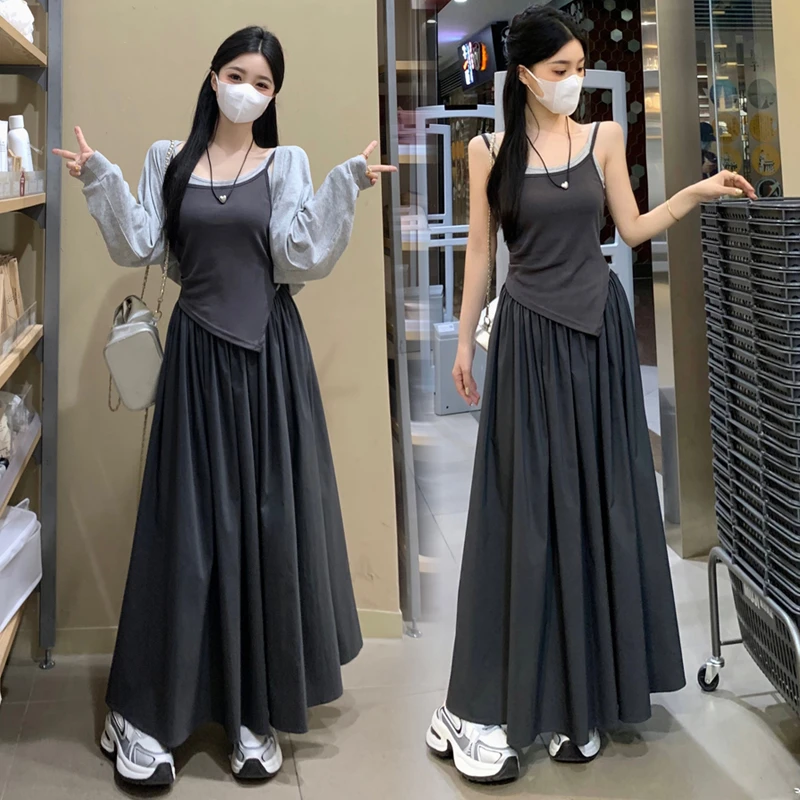 大码春夏法式外搭开衫上衣拼接假两件吊带连衣裙裙子两件套装女