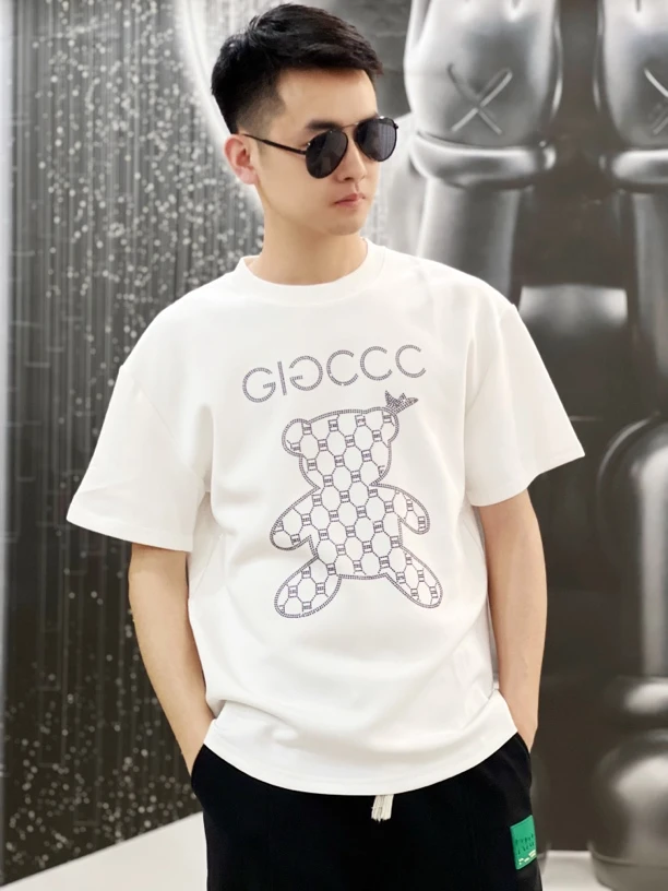 小熊彩钻男士欧版时尚百搭空气棉T上衣短袖