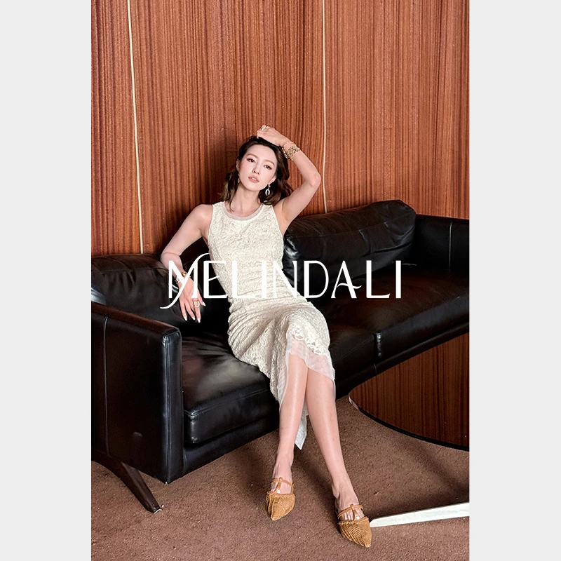 Melinda Li【月光蕾丝】法式优雅金丝珠片绣花网纱无袖收腰连衣裙
