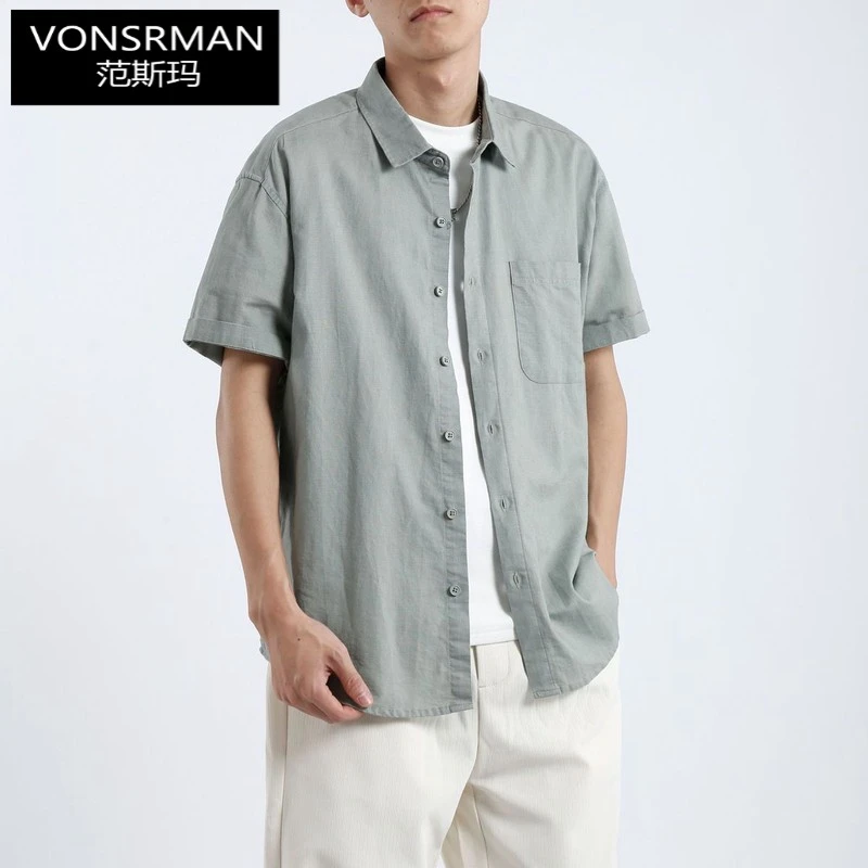 亚麻衬衫外套男夏季薄款棉麻短袖衬衫棉麻休闲复古新中式男士上衣