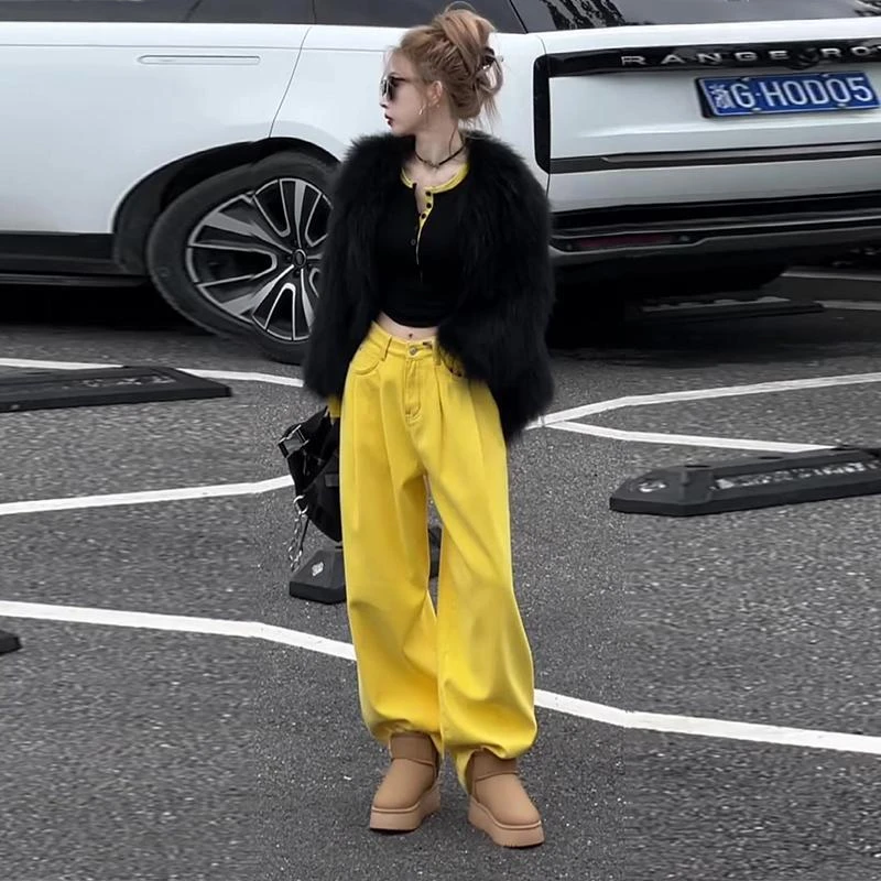 今年流行慵懒风松弛感加绒黄色牛仔裤2024高腰直筒加厚阔腿裤女冬