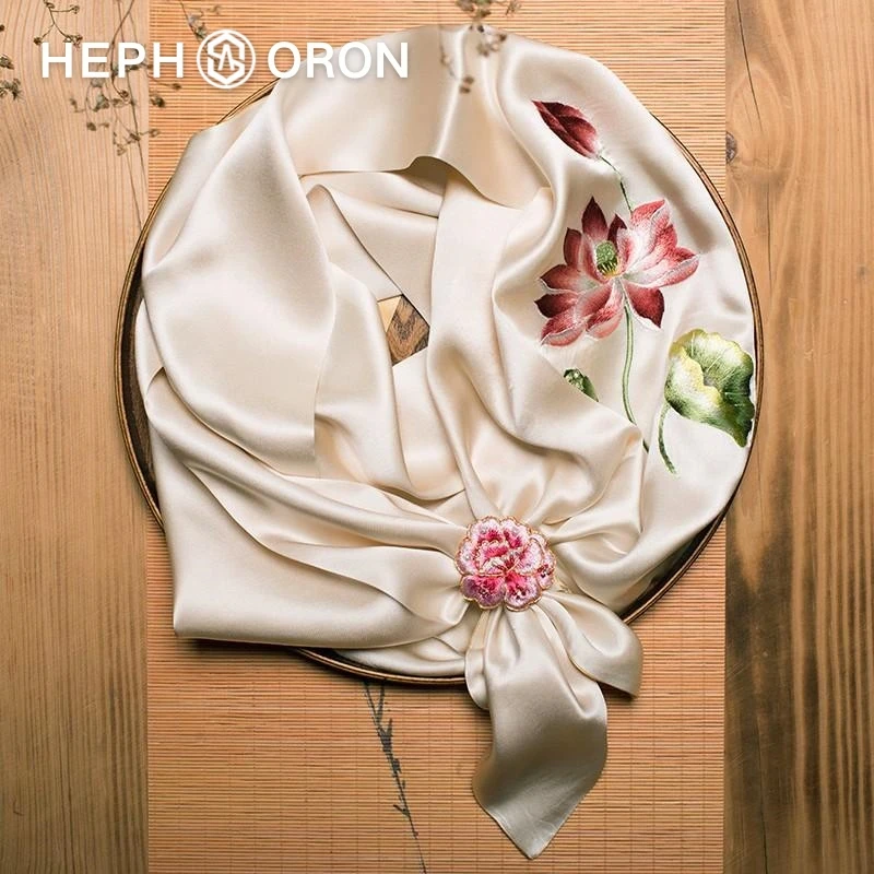 HEPHSORON苏绣丝巾女香槟色披肩高档桑蚕丝围巾礼盒送长辈