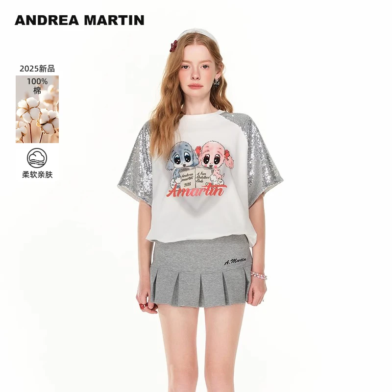 Andrea Martin夏季新款短袖T恤女圆领印花亮片宽松设计感纯棉上衣